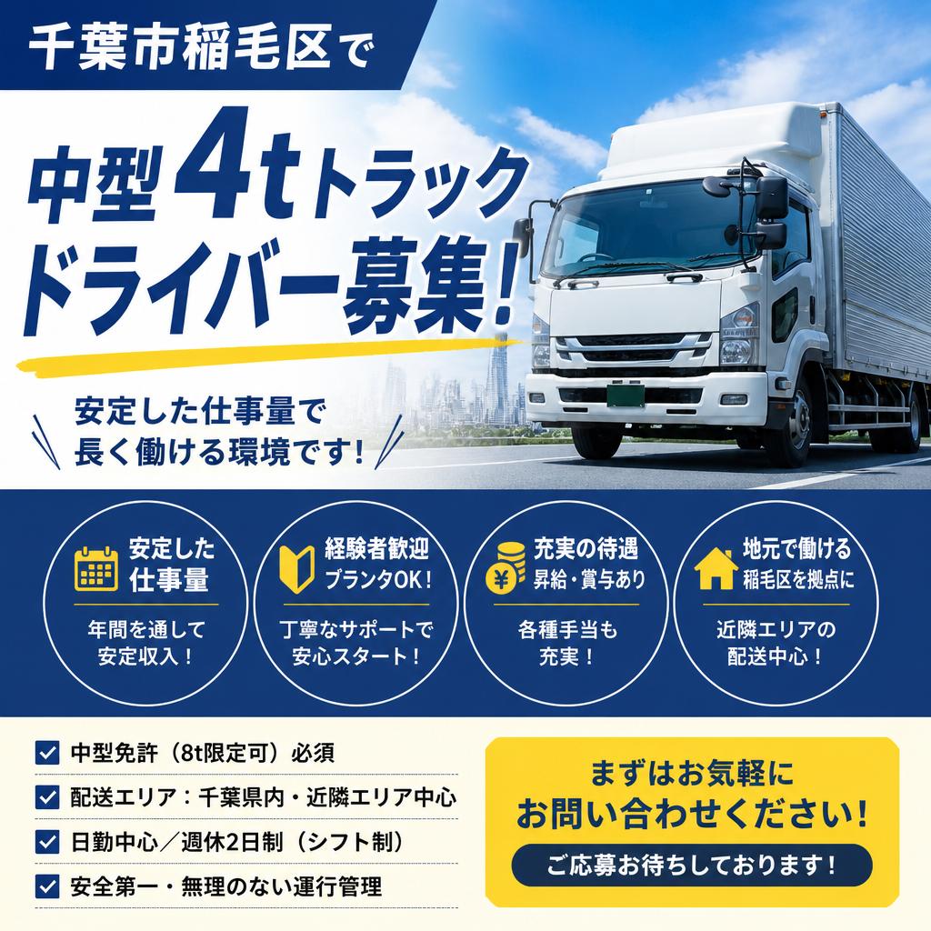 千葉市稲毛区で中型4tトラックドライバー募集！