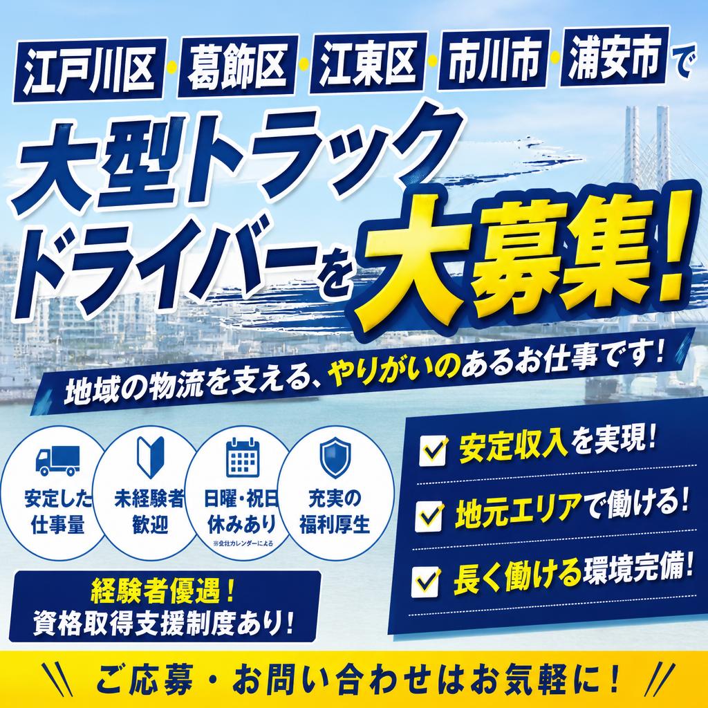 江戸川区・葛飾区・江東区・市川市・浦安市で大型トラックドライバーを大募集！