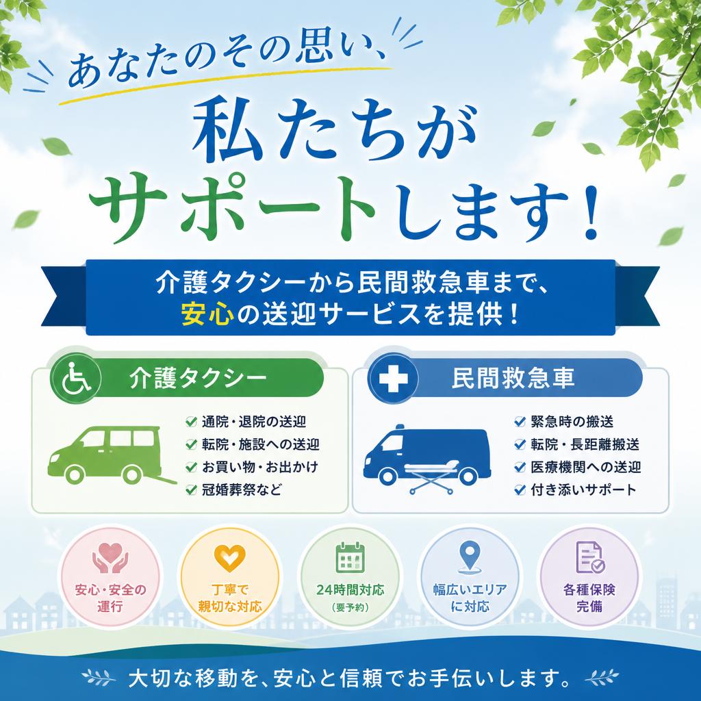 あなたのその思い、私たちがサポートします！介護タクシーから民間救急車まで、安心の送迎サービスを提供！